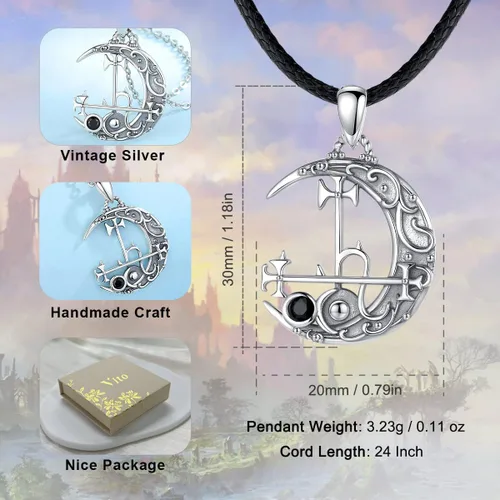 Vista 4 de Vito 925 Sterling Silver Wiccan Triple Moon GoddessLilithSigil of LilithMushroomEarth MotherChaos Star Necklace for Women Men, Hecate Witch Magic