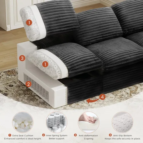 Vista 6 de KKL Sofá modular de 150 pulgadas, sofá modular en forma de U con otomana, sofá de pana sin hueso para sala de estar y dormitorio, sofá modular Negro