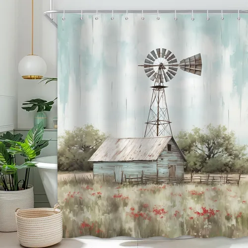 Vista 9 de Cortina de ducha de molino de viento, decoración rústica de baño, tela impermeable con ganchos, 36 x 72 pulgadas