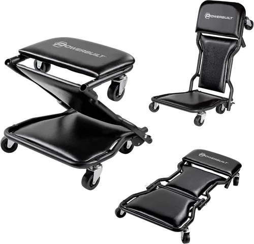 Vista 11 de Powerbuilt Asiento rodante con bandejas de herramientas expandibles, taburete de garaje con caja de herramientas con ruedas - Gris 941918ECE
