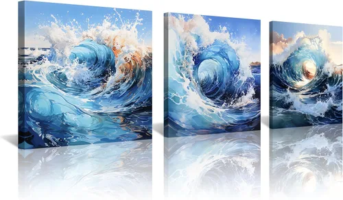 Vista 15 de Arte de pared costero de playa, arte en lienzo de barco azul, imágenes de gaviota, paisaje marino, impresiones de pintura de paisajes marinos, obras