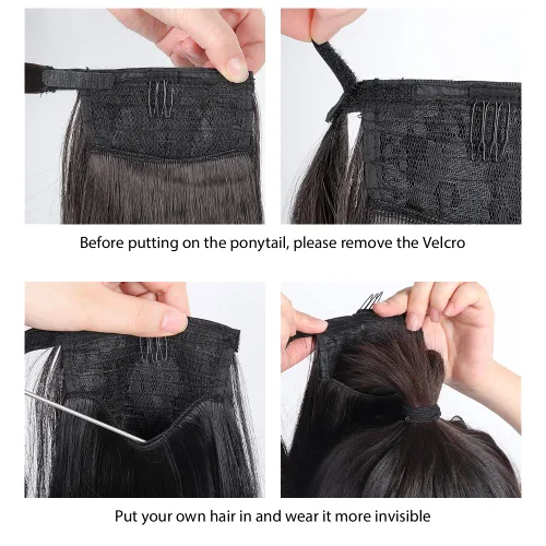 Vista 5 de Extensiones de cabello para cola de caballo, extensión de cola de caballo roja de 16 pulgadas, corta, ondulada, rizada, envolvente, cola de caballo