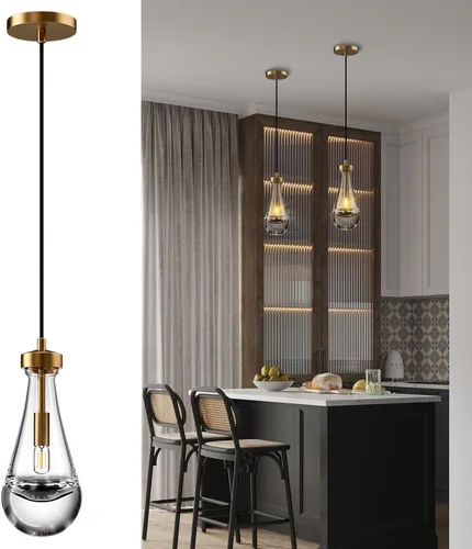 Vista 13 de Juego de 2 luces colgantes de gota de lluvia, lámparas colgantes para isla de cocina, lámpara de cristal sólido transparente con forma de gota