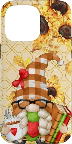 Vista 21 de Sunflower Gnome with Books for Tea Lover Librarian Reading Case for iPhone 16