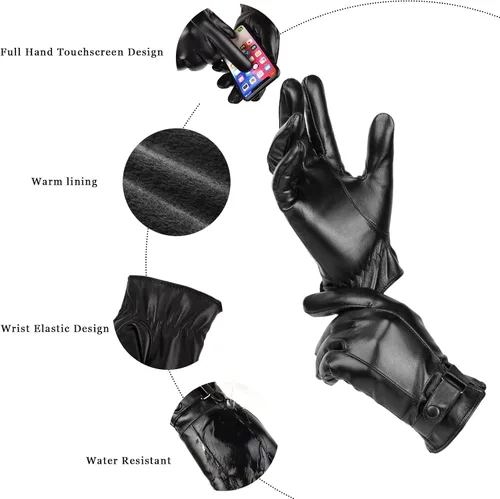 Vista 2 de Long Keeper Invierno PU cuero pantalla táctil guantes clásicos hombres negro cálido conducción ciclismo motocicleta mensajes de texto guantes, Negro