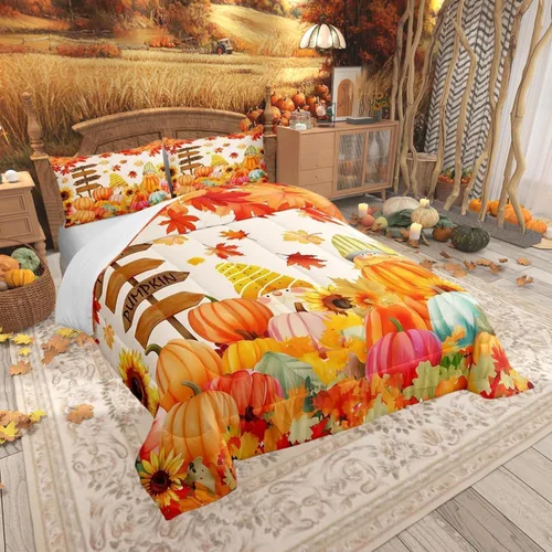 Vista 2 de Castle Fairy Juego de edredón de calabaza, hojas de arce para niños, niñas, mujeres, adultos, escena de otoño, casa de campo, edredón acolchado