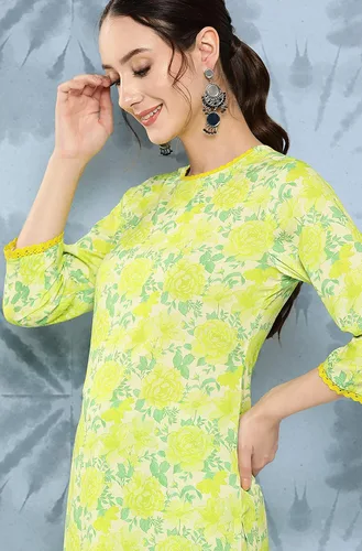 Vista 6 de Janasya Kurta con estampado digital de crepé verde limón para mujer india con palazzo