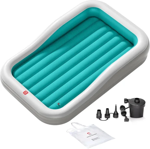 Vista 7 de QPAU Cama inflable de viaje para niños pequeños con 3 lados, extragrande Azul