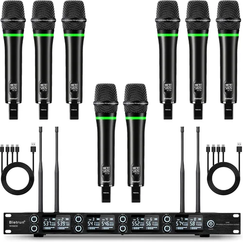 Vista 10 de Bietrun - Sistema de micrófono inalámbrico XLR, rango de 165 pies, micrófono de mano dinámico de metal dual UHF profesional inalámbrico con cable