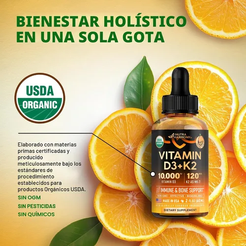Vista 4 de Gotas Orgánicas USDA de Vitamina D3 K2 – Vitamina D3 10000 UI y K2 como MK-7 120mcg – Apoyo inmunológico y del estado de ánimo, salud de huesos