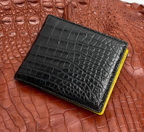 Vista 5 de Cartera hecha a mano de cocodrilo cocodrilo vientre Hornback cartera de cuero genuino RFID bloqueo hecho por artesano vietnamita, Bifold - Negro