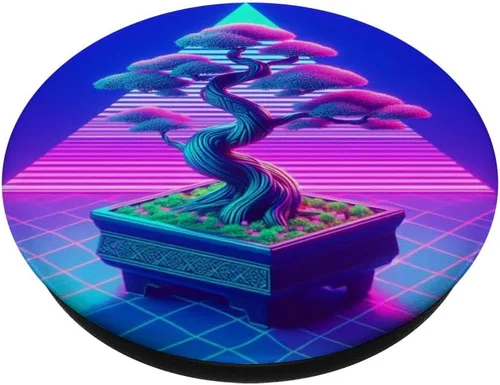 Vista 2 de Bonsai Tree Vaporwave Retrowave Synthwave Outrun Aesthetic PopSockets Adhesive PopGrip