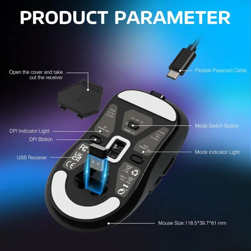Vista 8 de ATTACK SHARK X3 - Mouse inalámbrico para juegos, mouse ergonómico de computadora de 1.49 onzas, triple modo PAW3395 sensor óptico de 26 K DPI