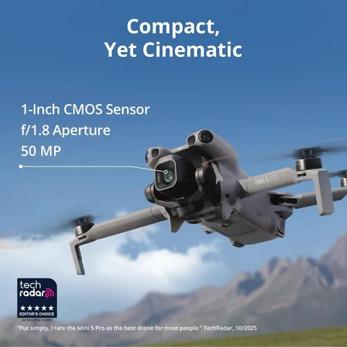 Vista 2 de DJI Mini 5 Pro, dron ultraligero y plegable con cámara, CMOS de 1 pulgada, detección omnidireccional de obstáculos, ActiveTrack 360°, rotación