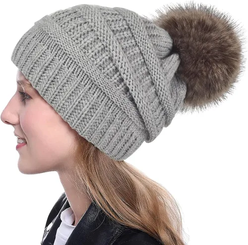 Vista 5 de Conjunto de guantes de gorro holgado para mujer, tejido de invierno, cálido, forro polar con bonito pompón