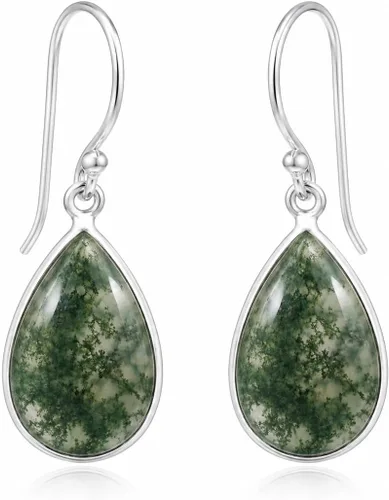Vista 25 de Aretes de ágata musgo verde de 0.472 x 0.709 in con forma de pera de plata de ley 925, aretes de piedras preciosas hechos a mano, juego de bisel