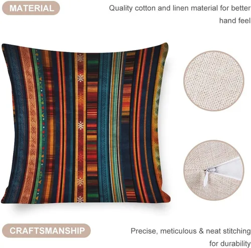 Vista 4 de Funda de cojín de lino con diseño de rayas bohemias, estilo bohemio, mexicano, retro, multicolor, funda de almohada decorativa de tela de lino