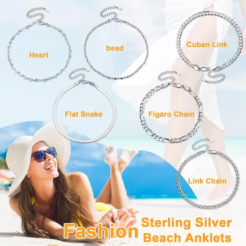 Vista 7 de SILVERCUTE Silver Ankle Bracelets for Women, Sterling Silver Initial Anklet Layer Wear Handmade A-Z Letter Anklet, FlowerFigaroCuban LinkHerringbone