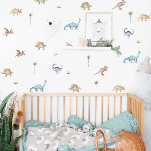 Vista 10 de Calcomanías de pared de dinosaurio, calcomanías de animales para dormitorio, decoración extraíble, cuarto de bebé, habitación de los niños, murales