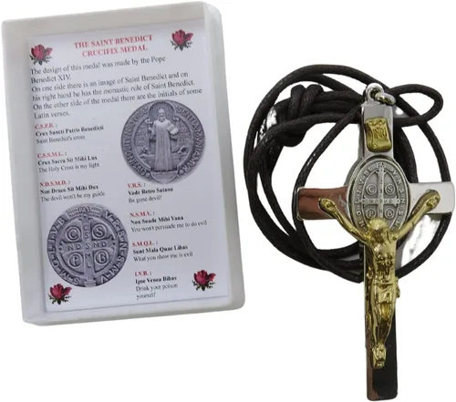 Vista 5 de Colgante de crucifijo de San Benito en tono plateado y dorado con cordón marrón, collar católico para hombre, 3 pulgadas, Zinc, no conocido