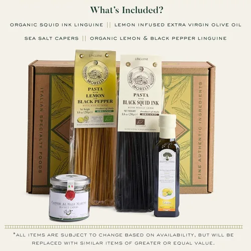 Vista 2 de Mercato di Bellina Cesta de regalo italiana de 4 piezas con tinta de calamar orgánica y pasta orgánica de limón, pimienta y limón, aceite de oliva