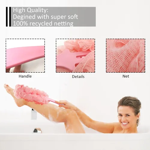 Vista 3 de Limpiador de espalda para ducha, cepillo de espalda de mango largo para ducha, esponja de malla de nailon suave para ducha, lufa en un palo