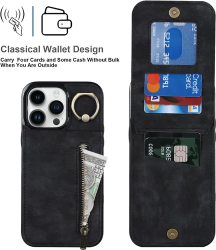 Vista 4 de Asuwish Funda de teléfono para iPhone 14 Pro Max de 6.7 pulgadas con protector de pantalla y soporte de tarjeta RFID, soporte de anillo de cuero