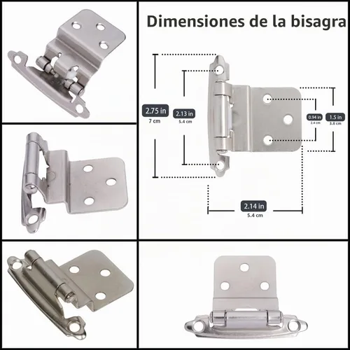 Vista 2 de DecoBasics - Bisagras de gabinete de níquel cepillado satinado de 3/8" (1 par - 2 piezas) - Bisagras de gabinete con cierre automático empotradas