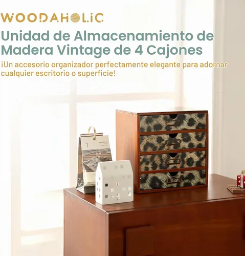 Vista 3 de Organizador de escritorio de madera con estampado de leopardo clásico - Almacenamiento de escritorio de 4 cajones - Gabinete de madera rústico