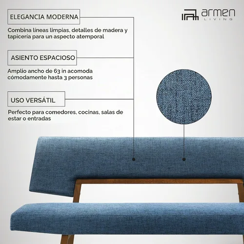 Vista 11 de Channell - Banco de comedor de madera con acabado de nogal con tela azul