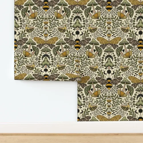 Vista 4 de Muestras de papel tapiz autoadhesivo - Nouveau Naturaleza Verde Amarillo Mariposa Naturaleza Bosque Plantas Art Nouveau Polilla Bohemia Abeja