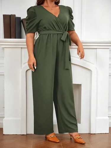 Vista 5 de WDIRARA Mono de manga corta abombada con cuello en V y pierna ancha para mujer, talla grande