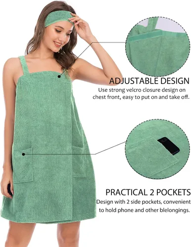 Vista 3 de Rubehoow - Bata de baño para mujer, envoltura de toalla con cierre de velcro ajustable con bolsillos y diadema facial