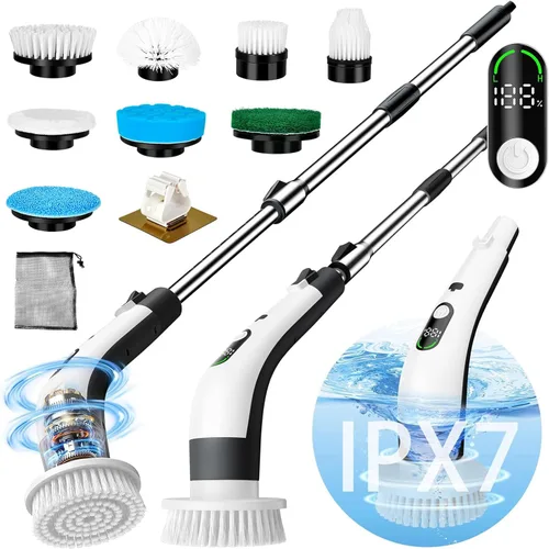 Vista 8 de Limpiador giratorio eléctrico inalámbrico con 8 cabezales de cepillo, limpieza de mano y ducha con mango ajustable, IPX7 impermeable para ducha