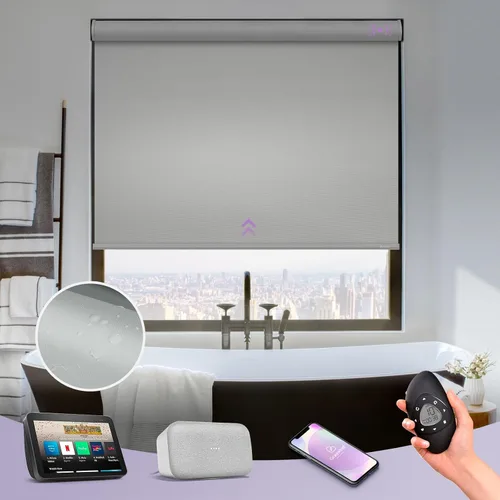 Vista 11 de Graywind Persianas enrollables motorizadas 100% opacas compatibles con Alexa Google, de vinilo, impermeables, inalámbricas, control remoto A-Beige