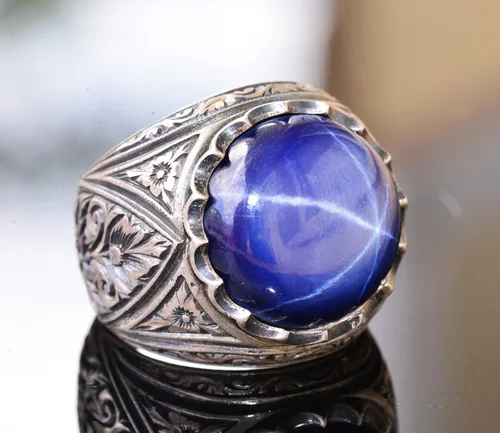 Vista 4 de Anillo de plata de ley con zafiro real estrella, con piedras preciosas