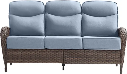 Vista 13 de Sofá de lujo para patio, sofá de mimbre para exteriores con cojines sonrientes de 6 pulgadas, respaldo alto, resistente, cómodo, mimbre marrón
