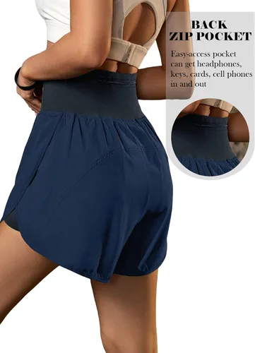 Vista 4 de BMJL Pantalones cortos de correr 2 en 1 para mujer, pantalones cortos deportivos de entrenamiento con bolsillos de cintura alta, pantalones cortos