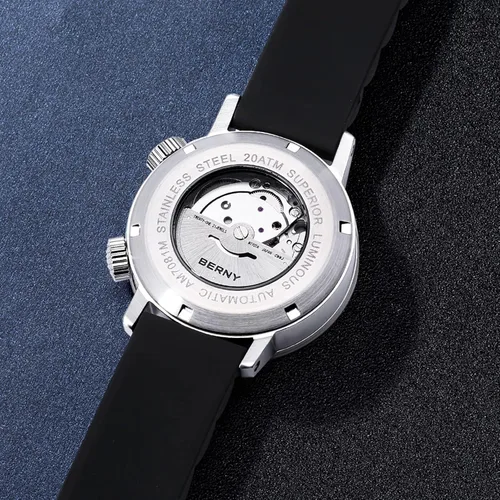 Vista 5 de BERNY Reloj de buceo mecánico automático para hombre, cuerda automática, correa de silicona, impermeable, 20ATM, cristal de zafiro, resistente a