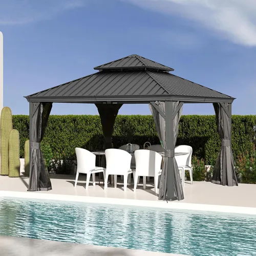 Vista 51 de Domi - Cenador de techo rígido de 8 x 8 pies con malla y cortinas, cenador para exteriores con techo doble de acero galvanizado para patio, césped