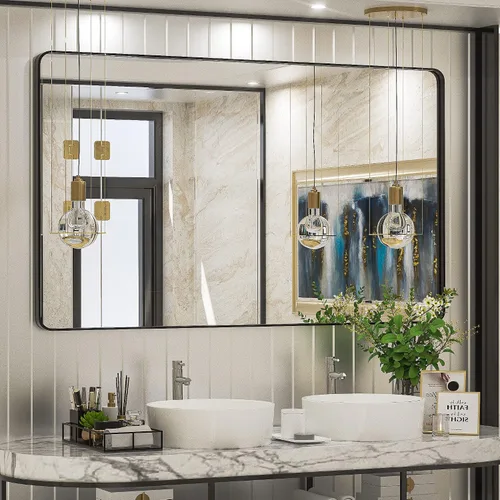 Vista 55 de TokeShimi Espejo de pared de baño de níquel cepillado de 20 x 30 pulgadas, marco de metal, esquina redonda, rectangular, para decoración del hogar