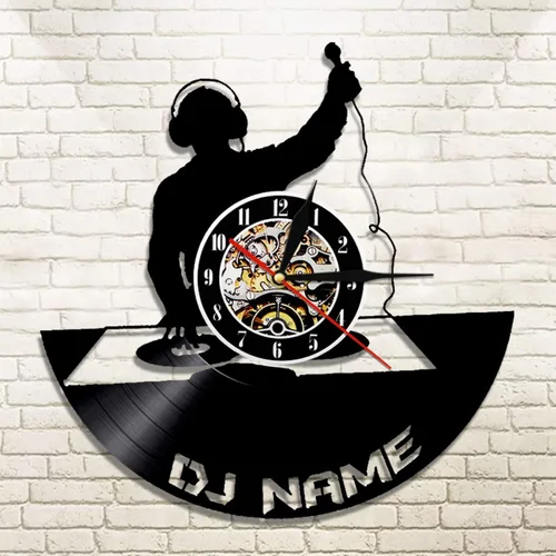 Vista 4 de Reloj de pared de disco de vinilo hecho a mano con nombre de DJ personalizado, disco de vinilo, reloj de pared, tocadiscos de DJ, sombras, relojes