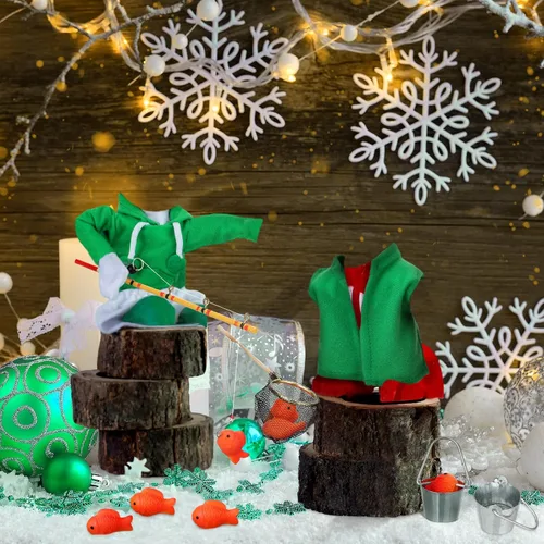 Vista 4 de Sotiff Juego de ropa de muñeca de pesca de Navidad, 12 piezas, ropa de muñeca de vacaciones, accesorios novedosos de pesca para panadero, accesorios