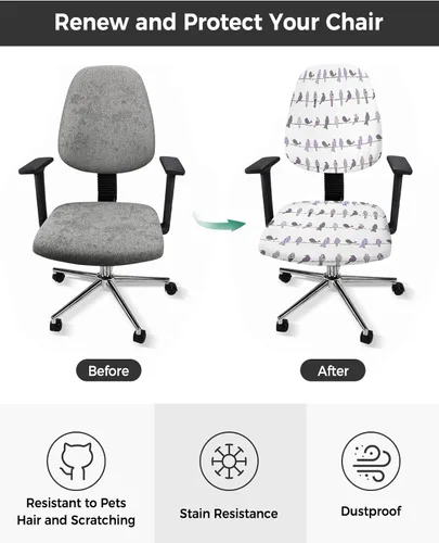 Vista 2 de Fundas elásticas para silla de oficina con diseño de pájaros morados, 2 piezas, suave, decorativo, protector para silla de escritorio, protector