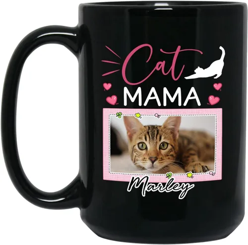 Vista 19 de Taza de cerámica negra personalizada para elegir nombre y foto con texto en inglés "Best Cat Dad Ever Just Ask", taza de café personalizada de 11
