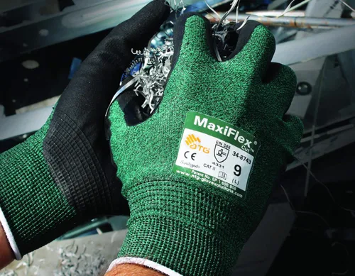 Vista 3 de MaxiFlex Cut 34-8743 - Guantes de trabajo recubiertos de nitrilo resistentes a los cortes con carcasa de punto verde y agarre de microespuma
