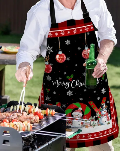 Vista 5 de Christmas Bib Aprons with Pockets Waterproof, Adjustable Apron for Men Women Joy Xmas Tree Snowman Winter Snowflake Red Black Plaid