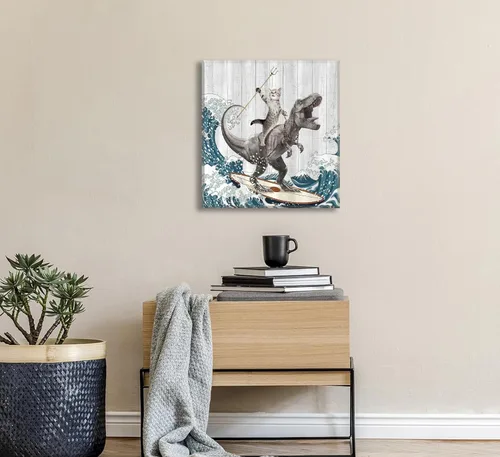 Vista 4 de WWN Divertido arte de pared de dinosaurio para montar en gato, divertido arte de pared de T-Rex Surfing, pintura para decoración de pared, póster