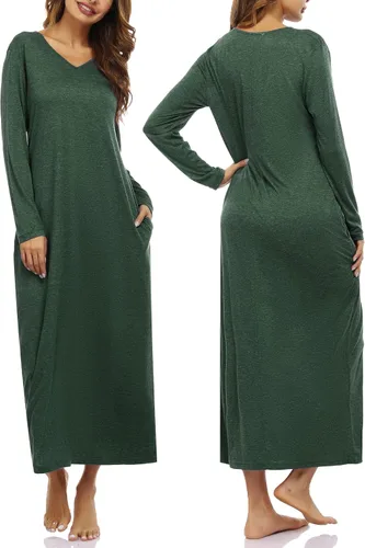 Vista 2 de Marvmys Camisones largos de algodón para mujer, camisones de manga larga, cuello en V, camisas de dormir de longitud completa con bolsillo