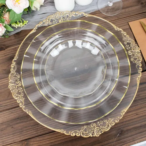 Vista 45 de Tableclothsfactory Paquete de 10 platos redondos de plástico negro de 6 pulgadas para ensalada de postre, platos desechables con borde ondulado